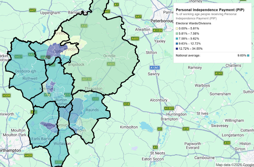Map of Personal Independence Payment claim rates across North Northamptonshire electoral wards