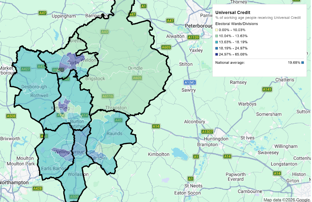 Map of Universal Credit claim rates across North Northamptonshire electoral wards