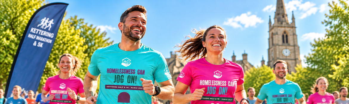 Team AC campaign artwork: runners wearing turquoise and magenta Homelessness can jog on shirts