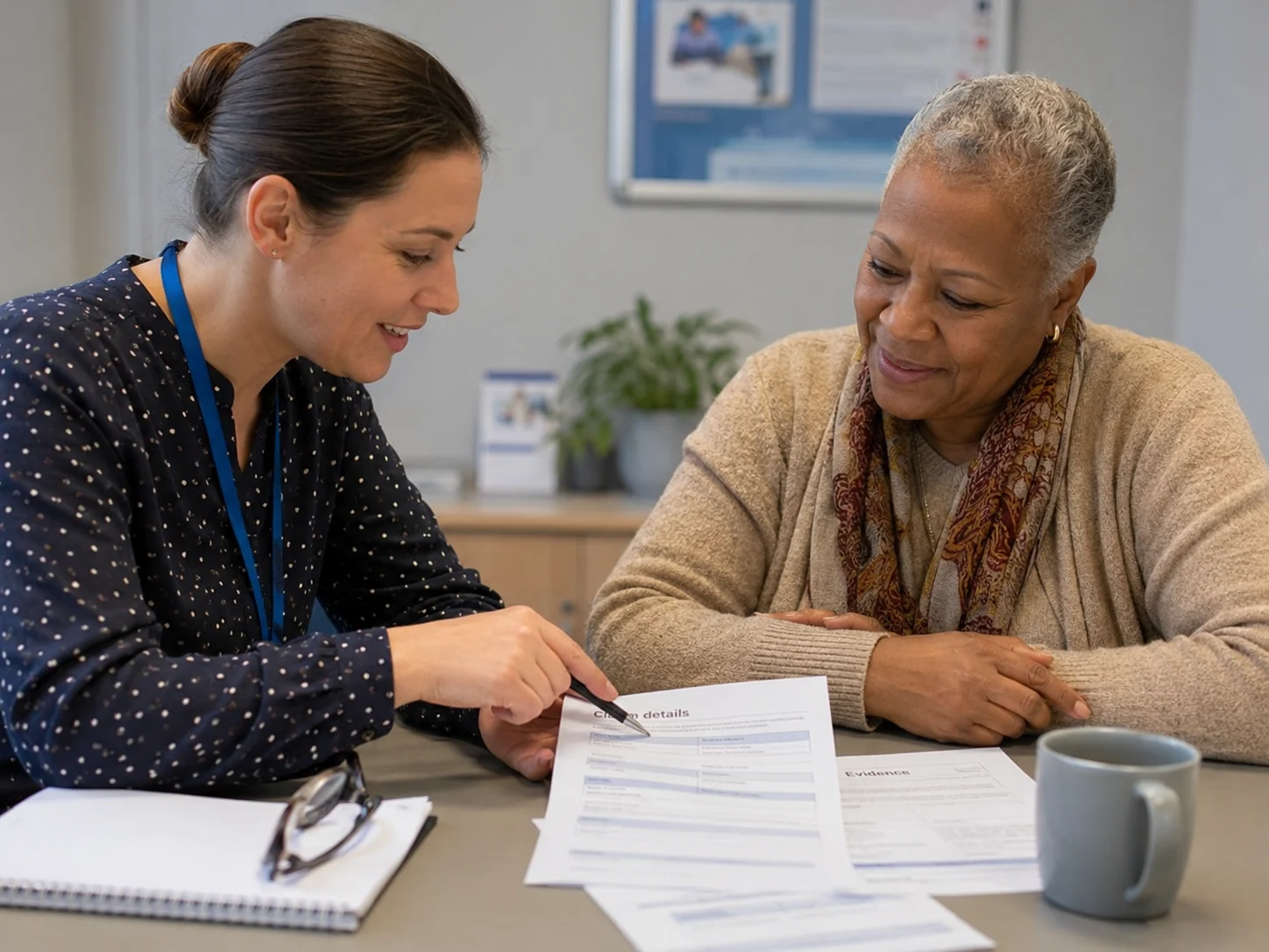 An adviser helping someone understand a benefits form
