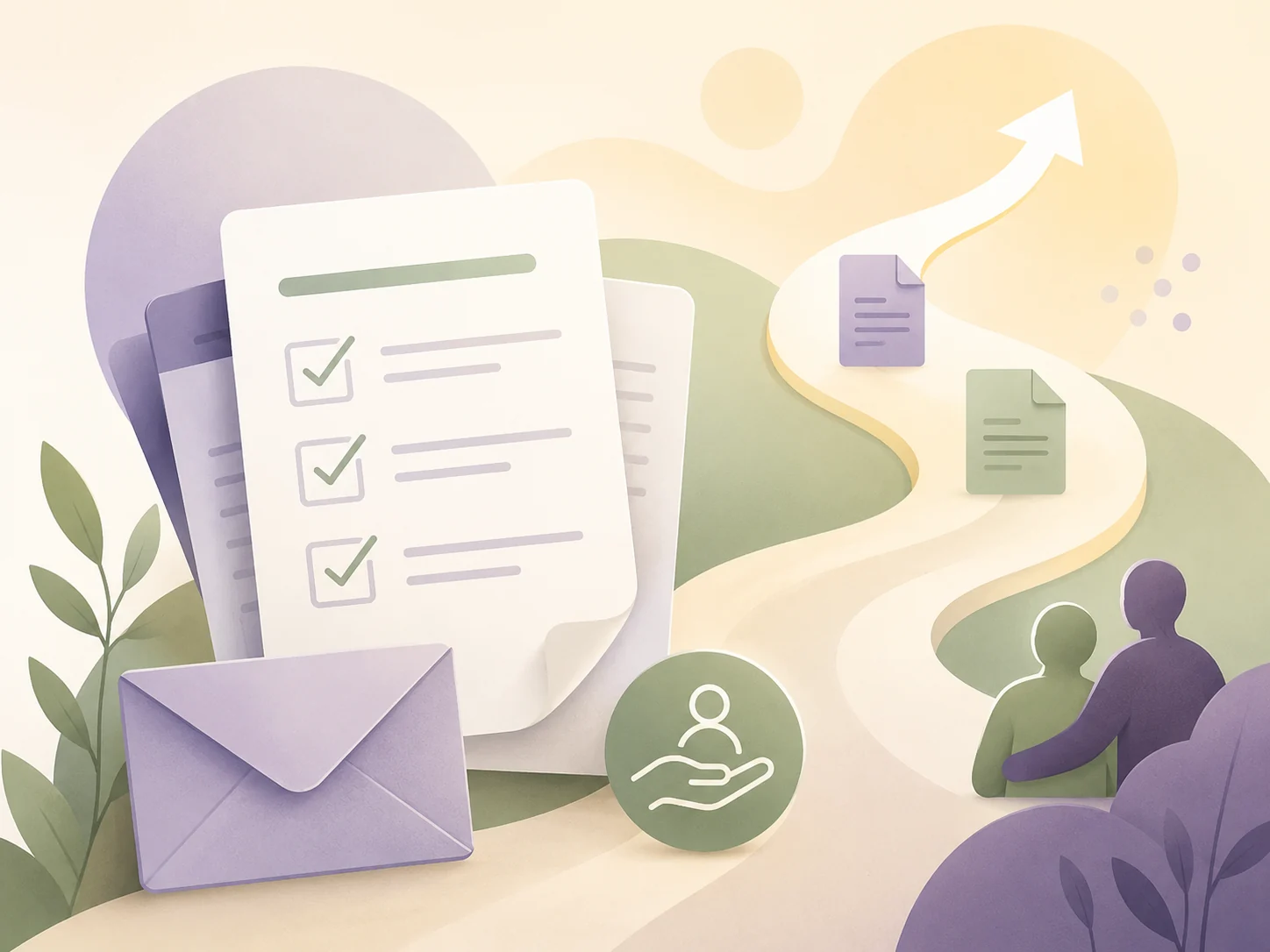 An abstract illustration of benefits forms, checks and a support pathway