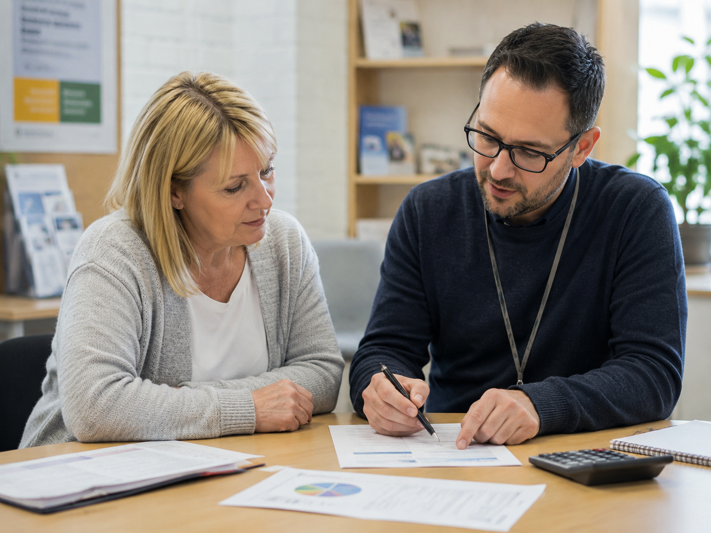 A debt adviser talking through options with a client