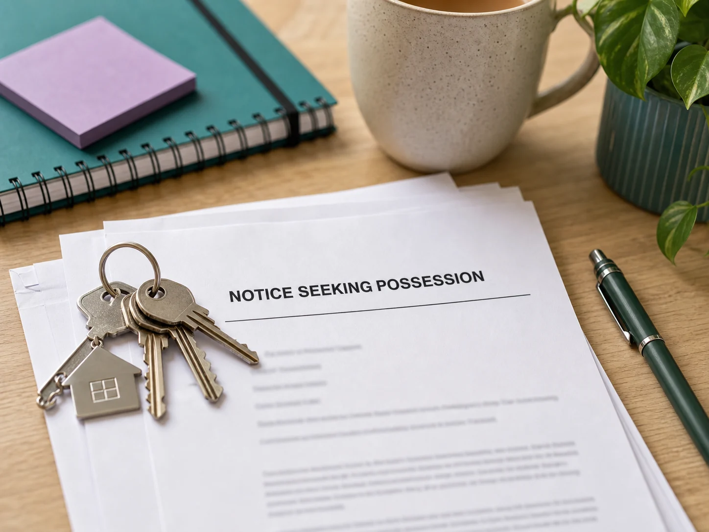 Housing notice and keys on a desk