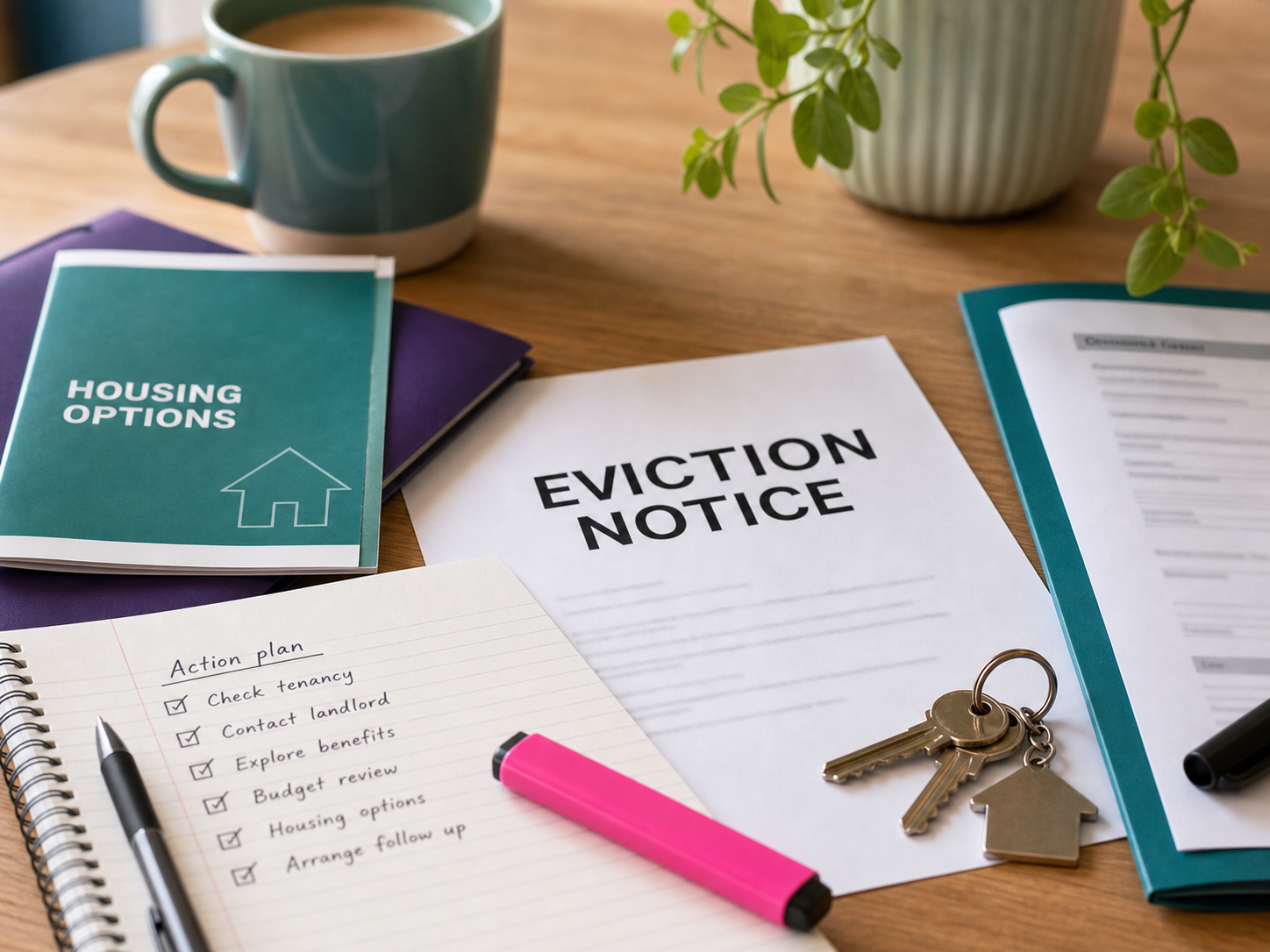 Housing options papers, an eviction notice, keys and an action plan on an advice table