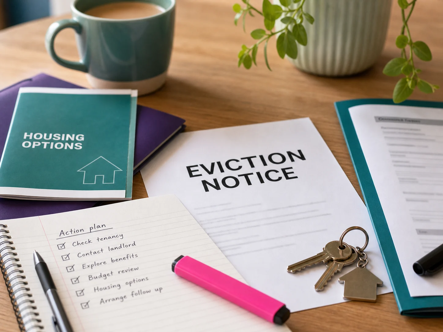 Housing options papers, an eviction notice, keys and an action plan on an advice table