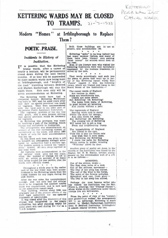 1933 Kettering newspaper clipping about homelessness and poor law wards