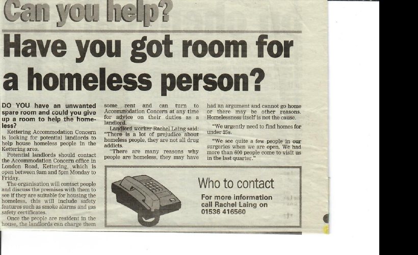Newspaper clipping asking have you got room for a homeless person